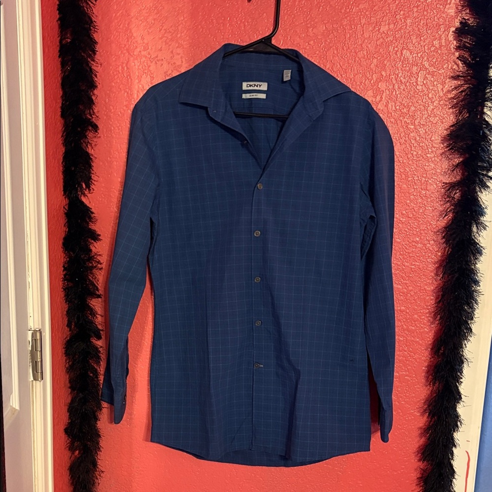 DKNY Men's Navy Plaid Button-Down Shirt - Size 32/33